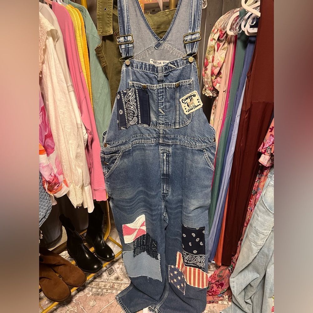 Tricia Fix Denim Patchwork Overalls in Blue with Multicolor Patches